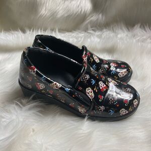 Black patent multi color skulls slips on clogs slip resistant ,side elastic SZ9